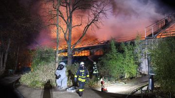Firefighters stand in front of the burning monkey house at Krefeld Zoo, in Krefeld, Germnay, Wednesday Jan 1, 2020. A fire at a zoo in western Germany killed a large number of animals in the early hours of the new year, authorities said