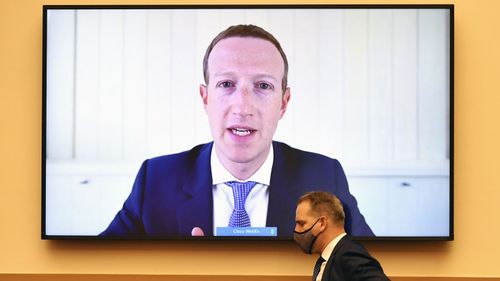 Facebook CEO Mark Zuckerberg testifies remotely during a House Judiciary subcommittee hearing on antitrust on Capitol Hill.