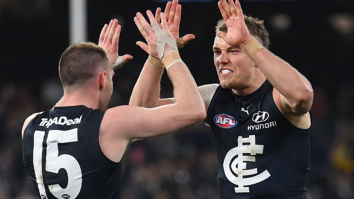 Carlton captain Patrick Cripps celebrates a goal with Sam Docherty during the 2023 finals