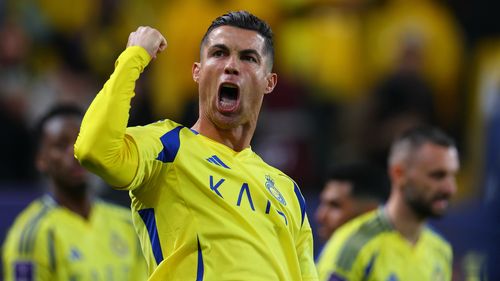 RIYADH, SAUDI ARABIA - FEBRUARY 03: Cristiano Ronaldo of Al Nassr celebrates after scoring the third goal of his team during the AFC Champions League Elite match between Al-Nassr and Al Wasl at King Saud University Stadium on February 03, 2025 in Riyadh, Saudi Arabia. (Photo by Al Nassr FC/Al Nassr FC via Getty Images)
