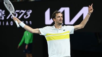 Daniil Medvedev of Russia celebrates after winning a game in his Men&#x27;s Singles Semifinals match against Stefanos Tsitsipas of Greece during day 12 of the 2021 Australian Open at Melbourne Park on February 19, 2021 in Melbourne, Australia