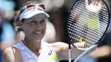 Samantha Stosur of Australia celebrates match point in her first round singles match against Robin Anderson of the United States.