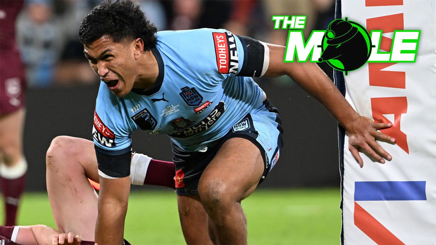 Jacob Saifiti scores a try for NSW in State of Origin III, 2022.