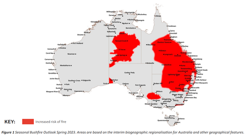 This map shows the increased fire risk around Australia for spring.