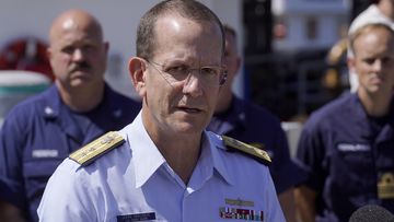 US Coast Guard Rear Adm. John Mauger, commander of the First Coast Guard District, talks to the media, Thursday, June 22, 2023, at Coast Guard Base Boston, in Boston 