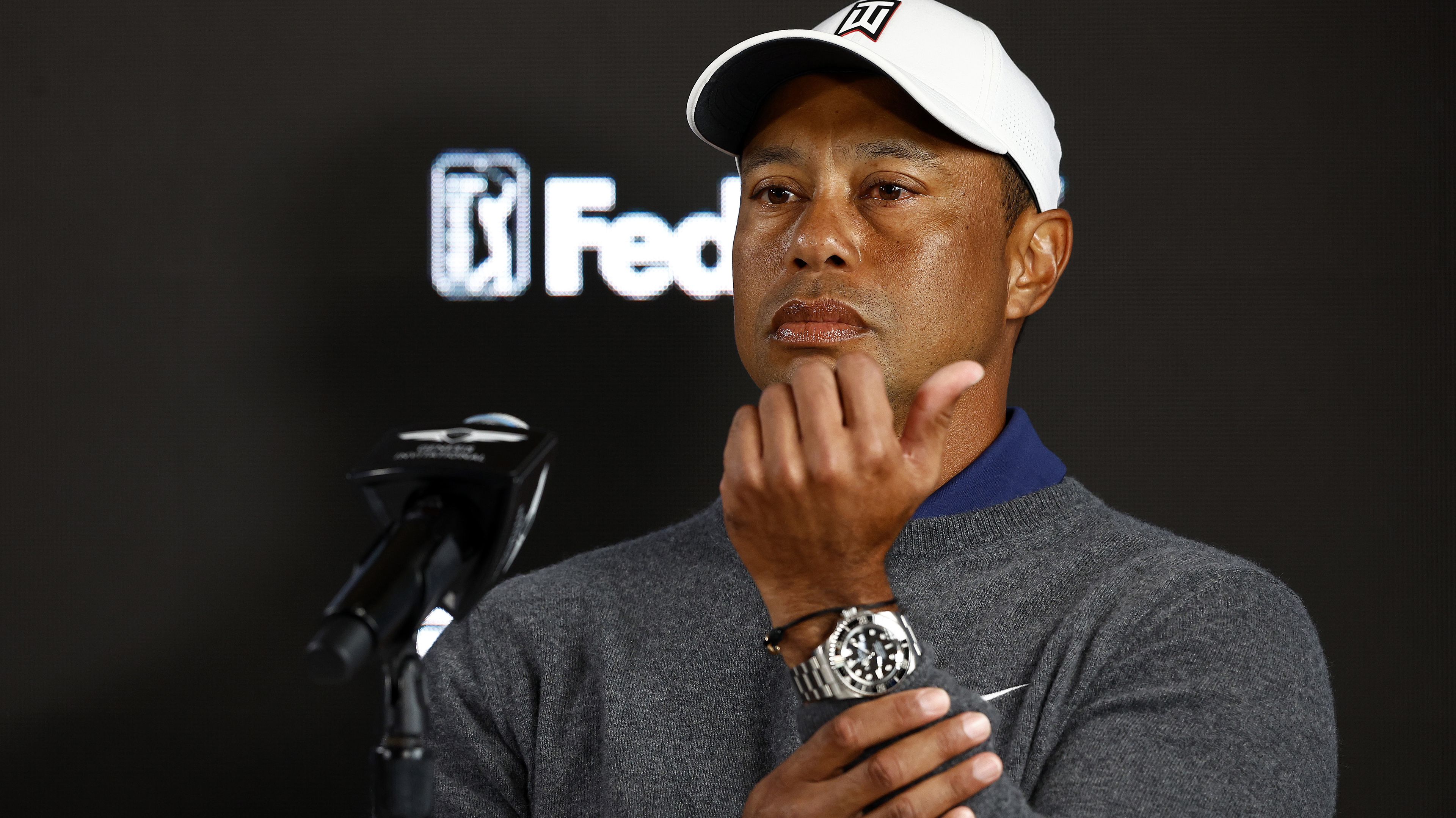Tiger Woods of the United States during a press conference prior to The Genesis Invitational at Riviera Country Club. (Photo by Ronald Martinez/Getty Images)