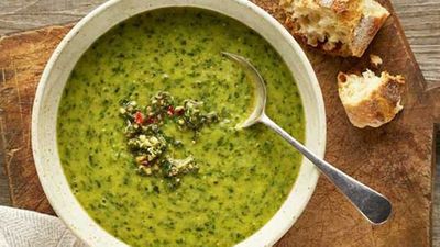 Recipe:&nbsp;<a href="https://kitchen.nine.com.au/2016/05/20/10/38/spinach-and-zucchini-soup-with-a-mint-pinenut-pesto" target="_top">Spinach and zucchini soup with a mint pinenut pesto</a>