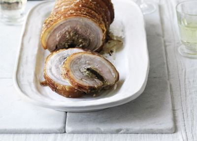Rolled pork belly stuffed with Calvados prunes