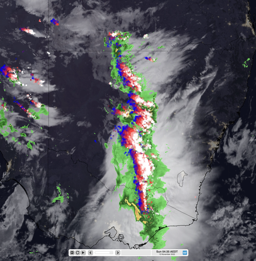 Pre-dawn satellite image with radar and lightning strikes in the last hour for NSW and northern Victoria.