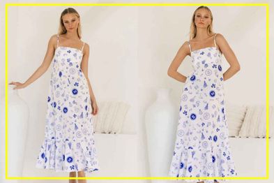 9PR: Kalila Maxi Sundress In White With Blue Print Cotton