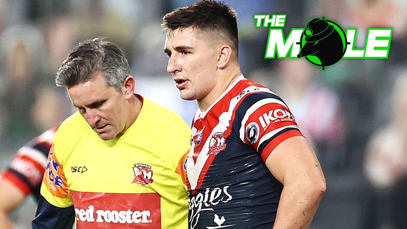 Victor Radley of the Roosters leaves the field with an ACL injury