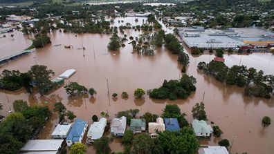 Houses are surrounded by floodwater in Lismore, Australia.