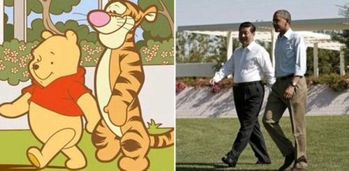 Winnie the Pooh and Tigger (left), and Xi Jinping and Barack Obama. (Supplied)
