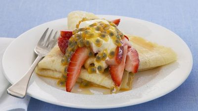 Recipe: <a href="http://kitchen.nine.com.au/2016/05/17/22/52/strawberry-and-passionfruit-crepes" target="_top">Strawberry and passionfruit crepes</a>