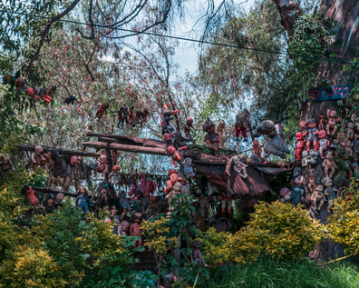 Mexico city, August, 28, 2018: Famous and unique island full of tetric dolls in Xochimilco.