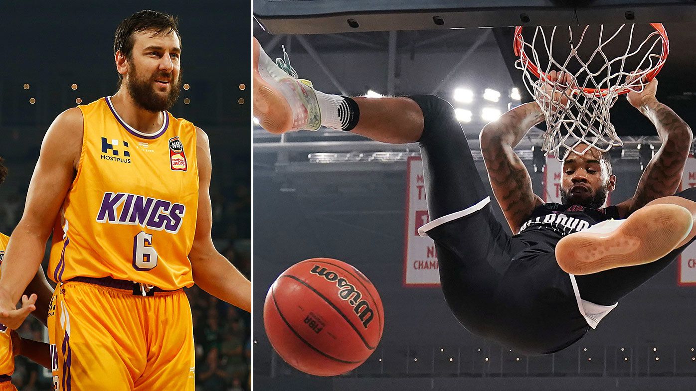 Andrew Bogut of the Kings reacts and Shaun Long of United slams, during game two of the NBL Semi Final Series 