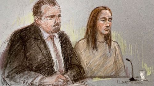 Court artist sketch depicting Lucy Letby, next to her solicitor Richard Thomas