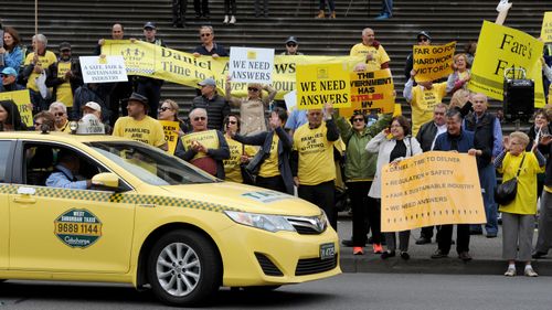 Taxi drivers protest outside Parliament house in Melbourne over Government deregulation plans for the Taxi industry in February.