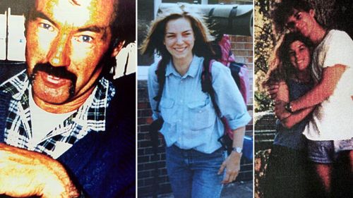 Ivan Milat with images of some of his backpacker victims.