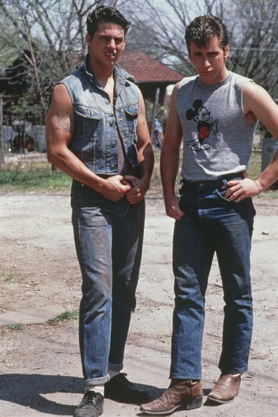 Tom Cruise and Emilio Estevez on the set of "The Outsiders".