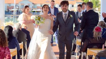Christine Trimboli smiled through the pain on her wedding day. 