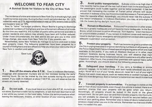 Copy of pamphlet handed out to New York City visitors in 1975, warning of the city's notorious crime rate. (Image: islandersa1 flickr)