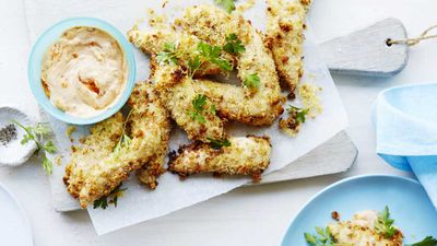 Recipe: <a href="http://kitchen.nine.com.au/2017/09/28/16/30/parmesan-crusted-chicken-tenders" target="_top">Parmesan crusted chicken</a>