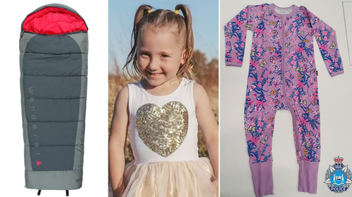 The search for Cleo Smith has entered its fifth day. Pictured are the pyjamas cleo was wearing the night of her disappearance and a similar sleeping bag. 