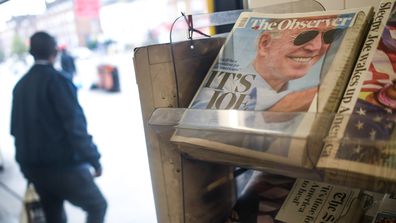 Joe Biden's projected US presidential election victory is seen on the front pages of British newspapers on November 8, 2020 in London, United Kingdom. (Photo by Peter Summers/Getty Images)