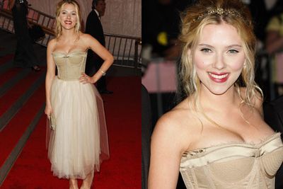 It's tulle time! ScarJo firmly lands back in her fashion comfort zone in this bustier-style Dolce & Gabbana dress at the 2008 'Superheroes: Fashion and Fantasy' Met Gala. <br/>