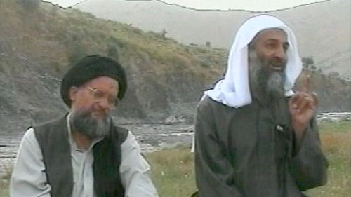 Osama bin Laden, right, and top deputy Ayman Al-Zawahri, left Wednesday April 17, 2002. (AP) 