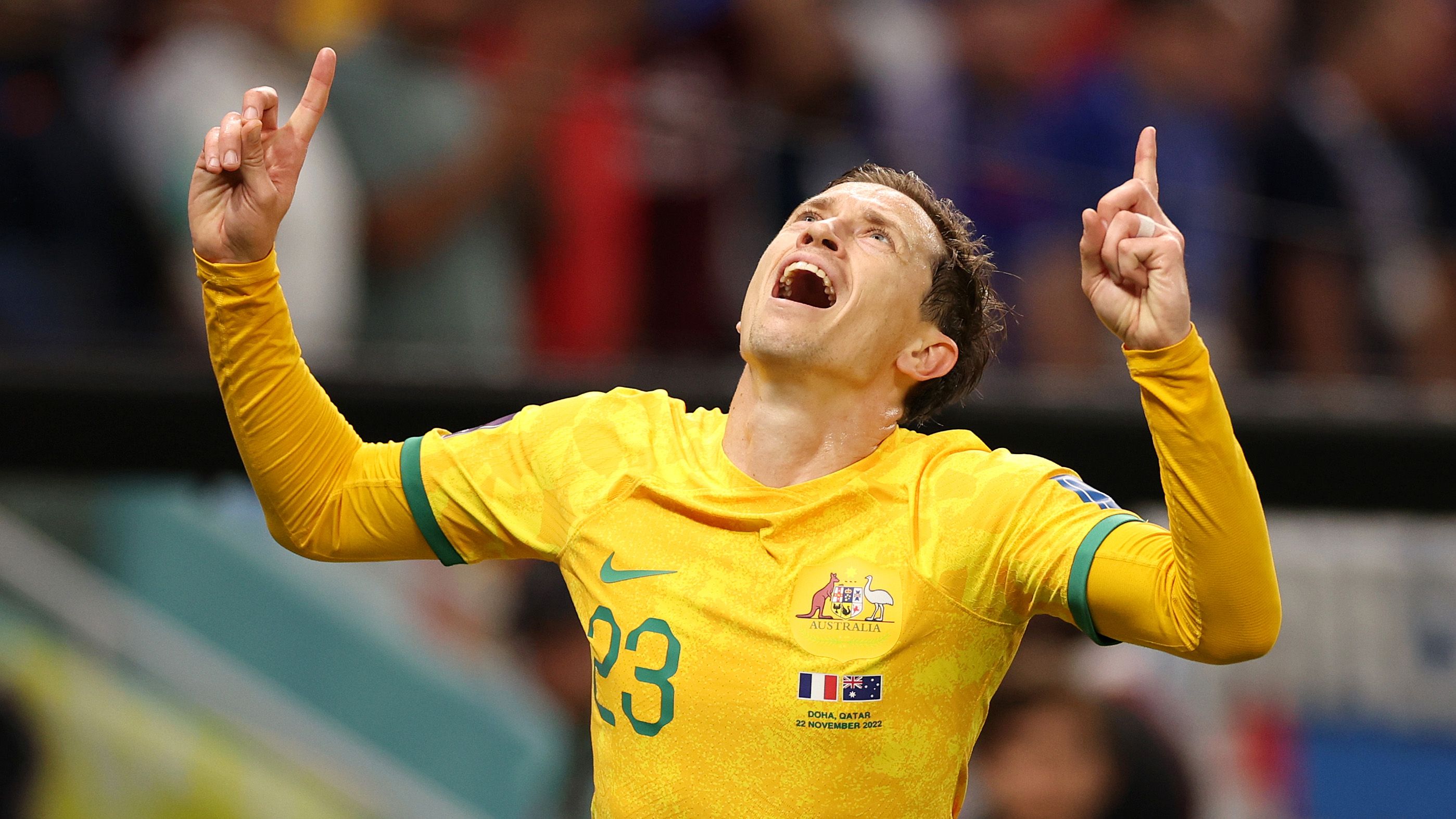 Craig Goodwin of Australia celebrates scoring his side&#x27;s first goal during the FIFA World Cup Qatar 2022 Group D match between France and Australia at Al Janoub Stadium on November 22, 2022 in Al Wakrah, Qatar. (Photo by Patrick Smith - FIFA/FIFA via Getty Images)
