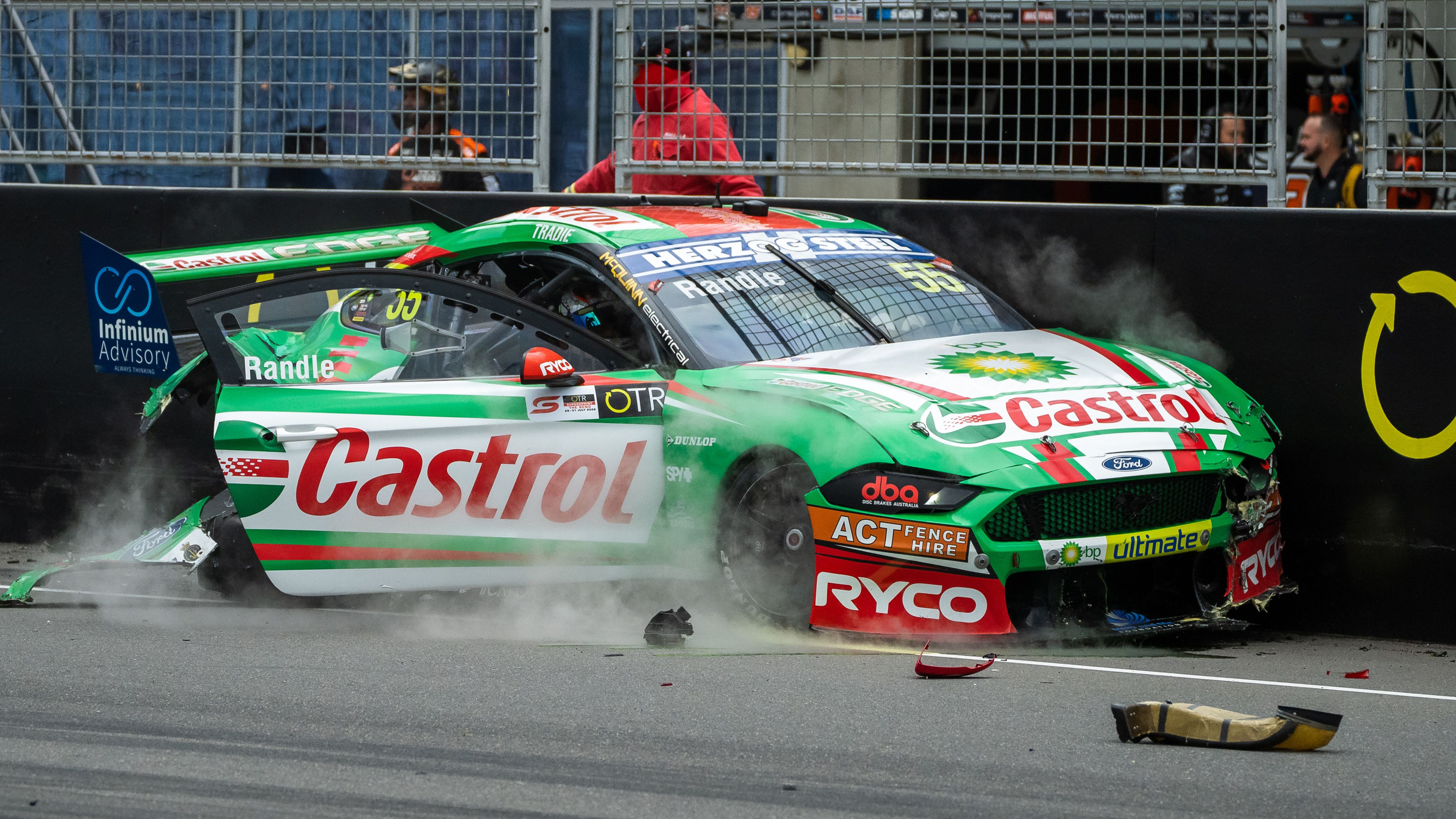 Thomas Randle driver of the #55 Castrol Racing Ford Mustang is pictured after being hit by Andre Heimgartner driver of the #8 Brad Jones Racing Holden Commodore ZB during race 2 of the OTR Supersprint round of the 2022 Supercars Championship Season at The Bend on July 30, 2022 in Tailem Bend, Australia. (Photo by Daniel Kalisz/Getty Images)