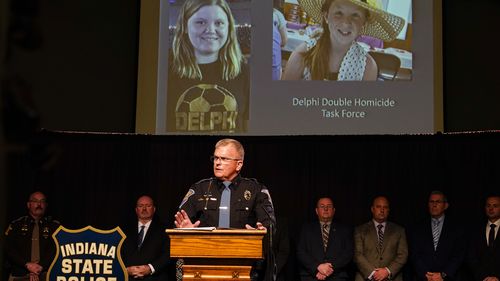 Indiana State Police Superintendent Doug Carter announces the arrest of Richard Allen, 50, for the murders of two teenage girls killed during a 2017 hiking trip in northern Indiana. 