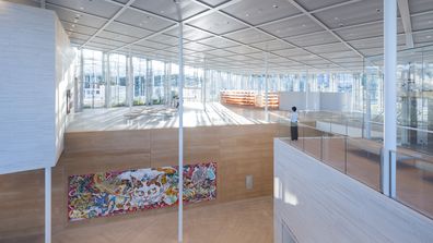 Interior view of the Art Gallery of New South Wales' new SANAA-designed building, featuring Takashi Murakami's "Japan Supernatural: Vertiginous After Staring at the Empty World Too Intensely, I Found Myself Trapped in the Realm of Lurking Ghosts and Monsters" 
