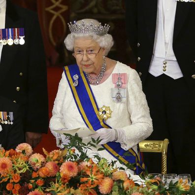 Queen Elizabeth II gives a speech during a State Banquet at Buckingham Palace, London for their State Visit to the UK. PRESS ASSOCIATION Photo. Picture date: Tuesday October 23, 2018. See PA story ROYAL Netherlands. Photo credit should read: Yui Mok/PA Wire