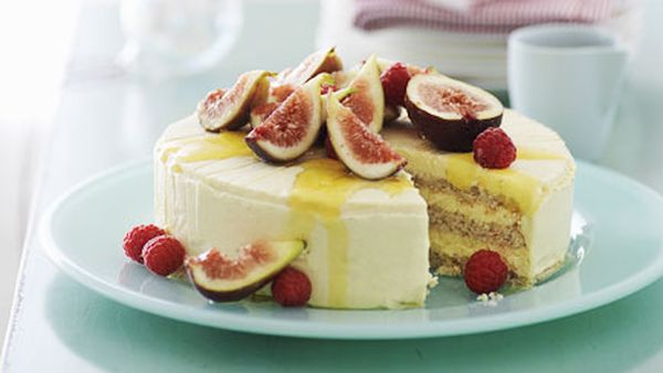 Iced honey mascarpone and almond cake with fig salad