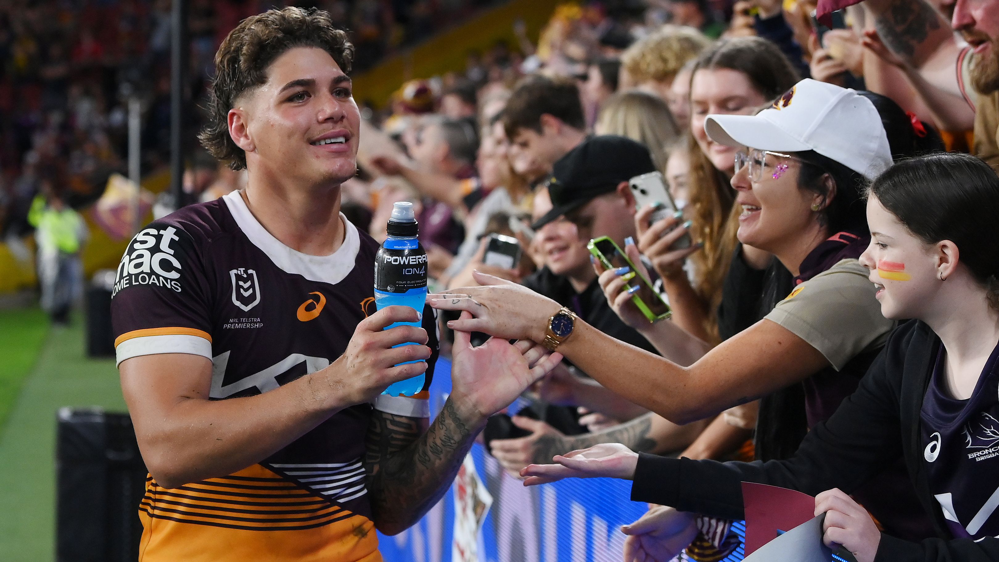 Reece Walsh interacts with the crowd following the Broncos&#x27; NRL Qualifying Final win over the Melbourne Storm at Suncorp Stadium on September 08, 2023 in Brisbane, Australia. (Photo by Bradley Kanaris/Getty Images)