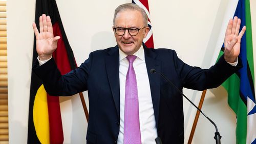 Prime Minister Anthony Albanese addresses a Labor caucus meeting at Parliament House in Canberra on Friday 9 May 2025.