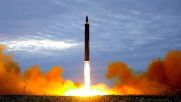 North Korea test launch a Hwasong-12 intermediate range missile in 2017 in Pyongyang, North Korea.