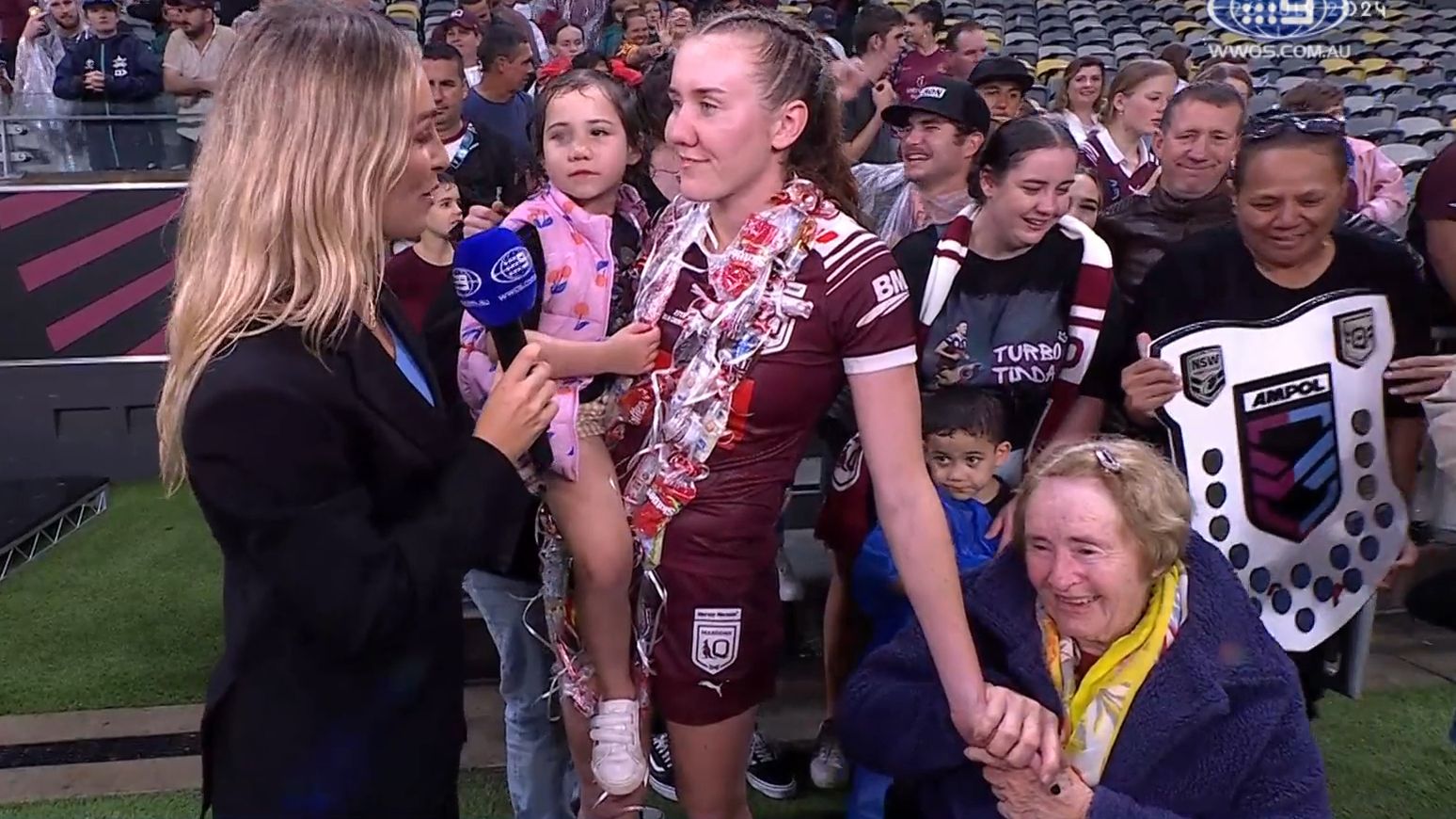 Tamika Upton and her nan Helen share a special moment following Queensland&#x27;s Women&#x27;s State of Origin victory.