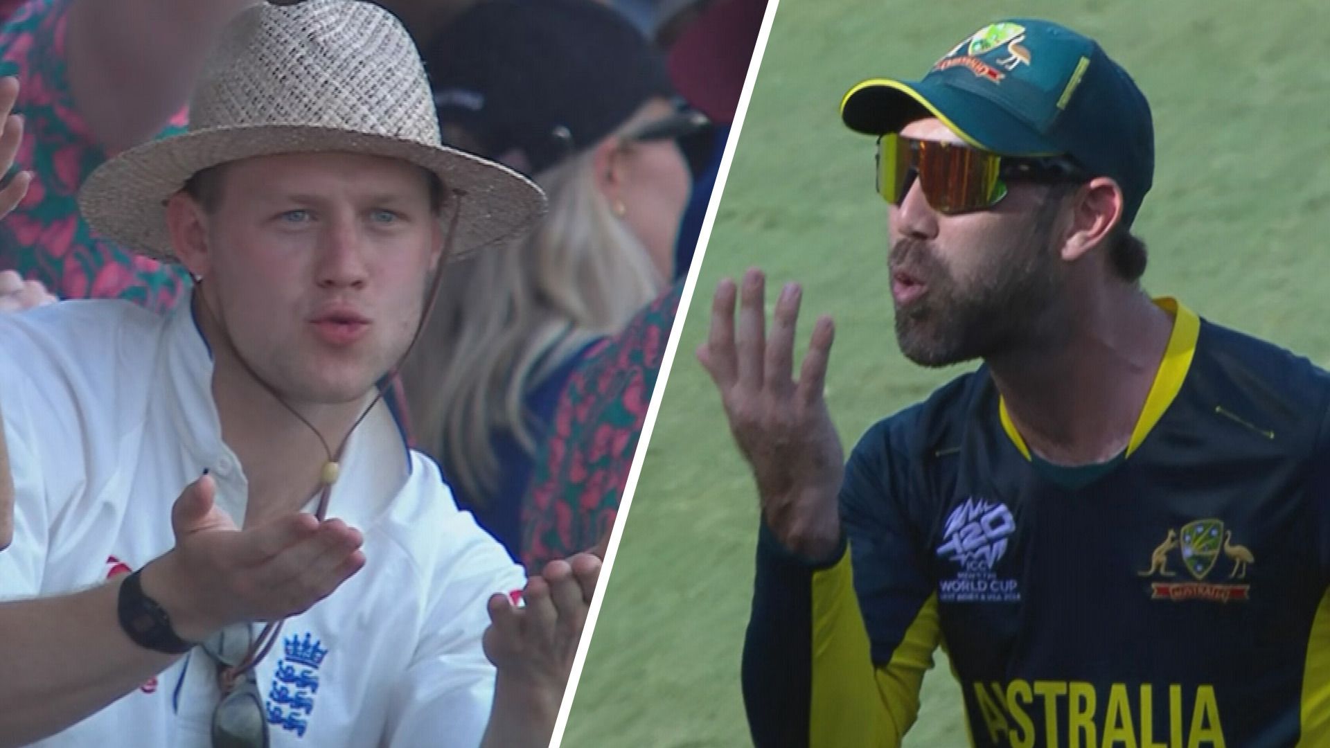 Glenn Maxwell used wrestling icon John Cena&#x27;s classic &#x27;you can&#x27;t see me&#x27; wave to a group of English fans after taking the catch to remove Jonny Bairstow in the T20 World Cup match between Australia and England.