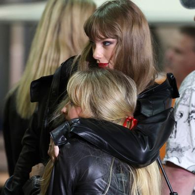 Taylor Swift with Sabrina Carpenter prior to the game between the Kansas City Chiefs and the New York Jets at MetLife Stadium on October 01, 2023 in East Rutherford, New Jersey. (Photo by Elsa/Getty Images)