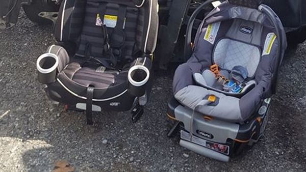 Safety first: one mum's viral photo of intact baby seats next to her damaged car is sobering. Image: Facebook