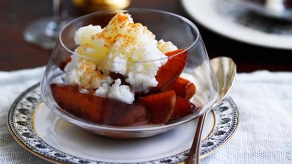 Leche merengada with spiced plums