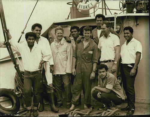 Peter Warner with his crew (L-R) David, John, Peter Warner, Luke, Bill, Stephen, Jim Kolo and Mano. January 6, 1968.