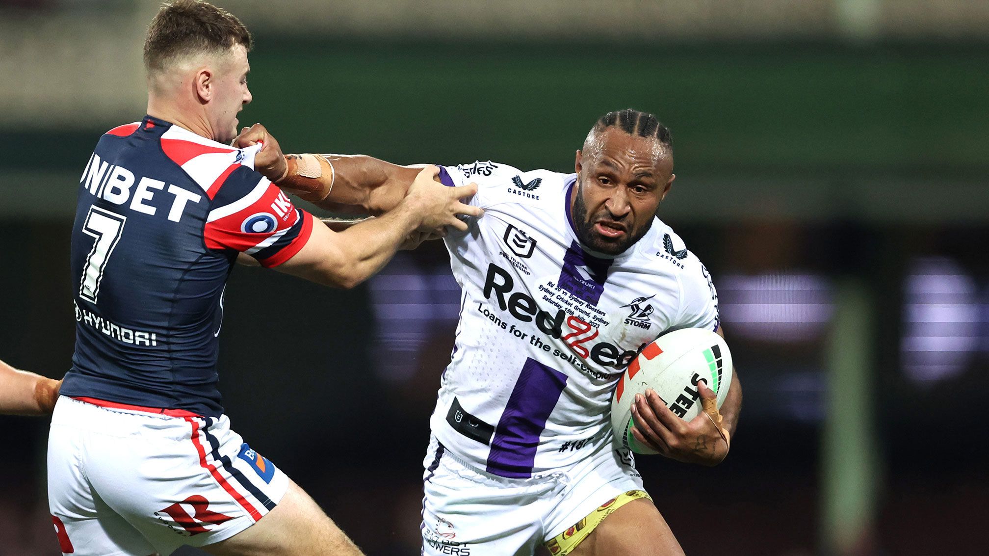 Justin Olam runs the ball during the round 20 match between Sydney Roosters and Melbourne Storm at Sydney Cricket Ground on July 15, 2023 in Sydney, Australia. 