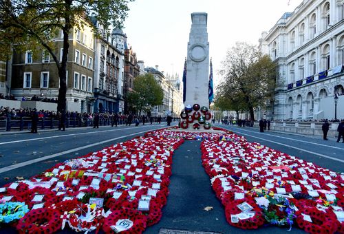 Remembrance Day tributes at the London Cenotaph.