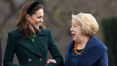 Catherine, Duchess of Cambridge walking with Ireland's First Lady Sabina Coyne at Aras an Uachtarain, Dublin, Ireland. 