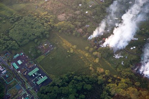 A new fissure erupting near the Puna Geothermal Venture facility, raising concerns about the potential for explosions and release of toxic gases. (EPA)